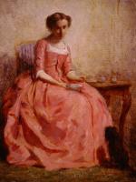 Charles Chaplin - Girl in a pink dress reading with a dog